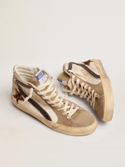 Shop Golden Goose Slide Masculino com estrela de couro cavalinho estampa leopardo e lista preta Cabedal em napa branca