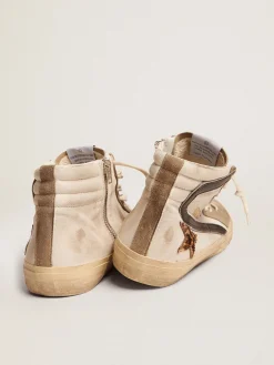 Shop Golden Goose Slide Masculino com estrela de couro cavalinho estampa leopardo e lista preta Cabedal em napa branca