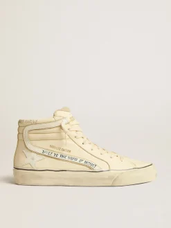 Fashion Golden Goose Slide Masculino de napa branco leite com estrela e lista de couro branco Cabedal de napa branco leite com escritas prateadas all-over