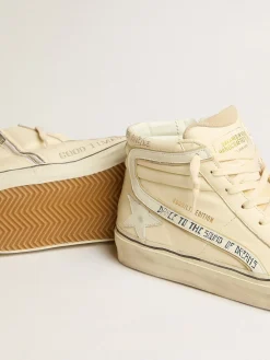 Fashion Golden Goose Slide Masculino de napa branco leite com estrela e lista de couro branco Cabedal de napa branco leite com escritas prateadas all-over