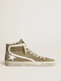 Hot Golden Goose Slide masculino de suede verde-militar com estrela e lista brancas Cabedal de suede verde militar