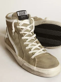 Hot Golden Goose Slide masculino de suede verde-militar com estrela e lista brancas Cabedal de suede verde militar