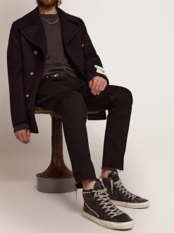 Store Golden Goose Slide masculino preto com tachas aplicadas Cabedal de couro de bezerro