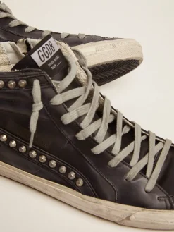Store Golden Goose Slide masculino preto com tachas aplicadas Cabedal de couro de bezerro