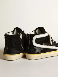 Store Golden Goose Slide Penstar masculino de suede preto com estrela e lista brancas Cabedal de suede preto