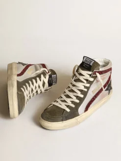Best Sale Golden Goose Slide prateado com estrela de couro preto e lista de glitter Cabedal de suede prateado efeito metálico opaco com tons nude