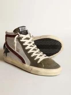 Best Sale Golden Goose Slide prateado com estrela de couro preto e lista de glitter Cabedal de suede prateado efeito metálico opaco com tons nude
