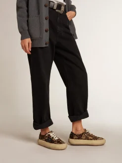 Best Golden Goose Space-Star feminino de cavalinho com estampa leopardo e estrela preta Cabedal de couro cavalinho com estampa de leopardo nas cores bege, marrom e preto