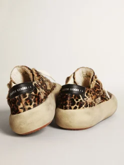 Best Golden Goose Space-Star feminino de cavalinho com estampa leopardo e estrela preta Cabedal de couro cavalinho com estampa de leopardo nas cores bege, marrom e preto