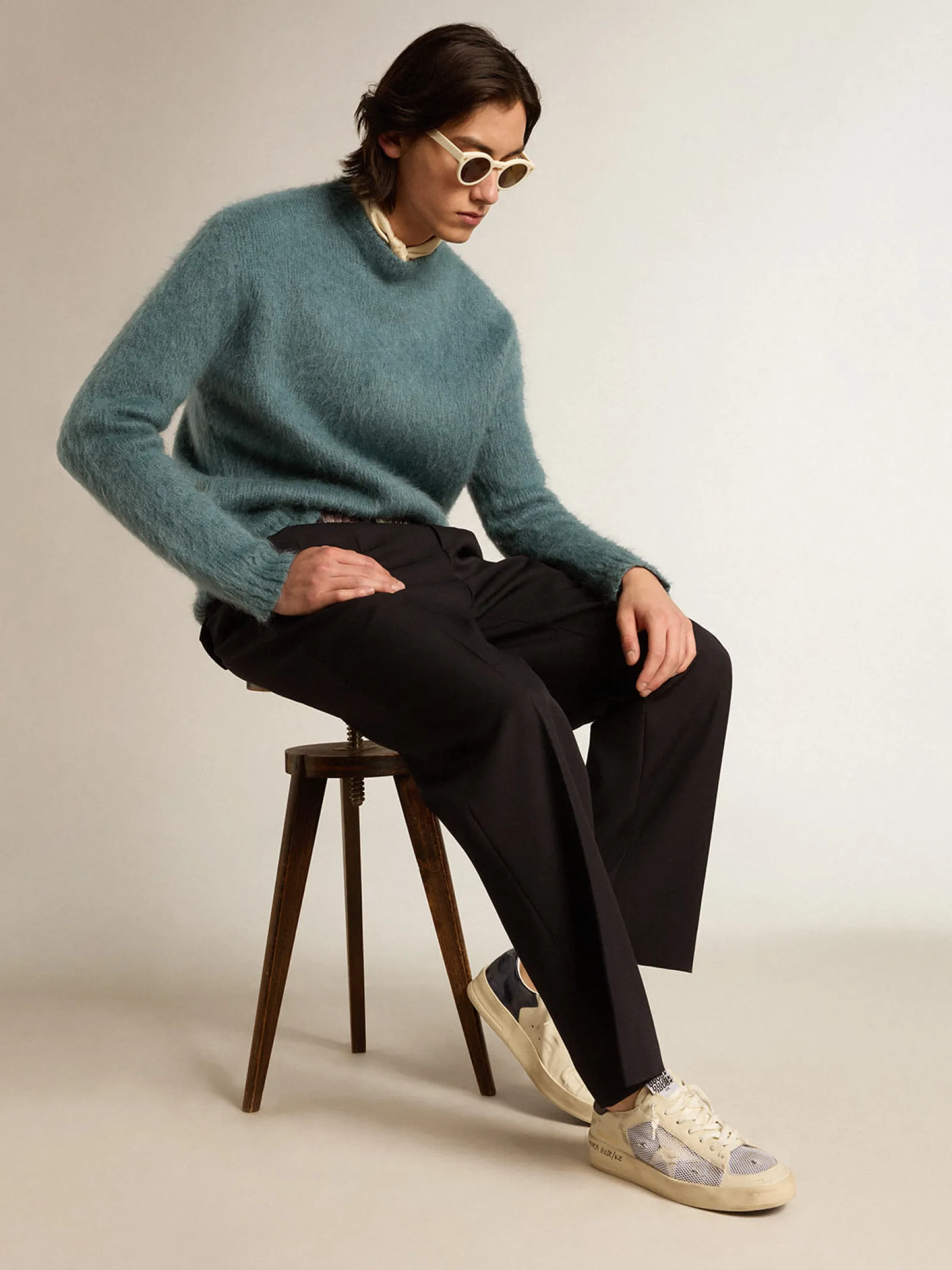 Fashion Golden Goose Stardan de couro e tela brancos com talão metálico azul Cabedal de couro e tela brancos