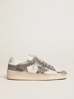Cheap Golden Goose Stardan feminino de couro branco e glitter Cor: branco e prateada