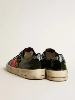 Best Golden Goose Stardan Feminino de couro envernizado preto e verde com estrela laranja Cabedal de couro envernizado preto com inserções de couro envernizado verde-escuro