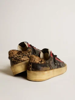 Discount Golden Goose Stardan Feminino LAB de tela com inserções de couro preto e talão leopardo Cabedal de tela preta com inserções de couro preto efeito vintage