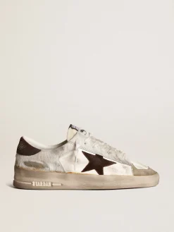 Fashion Golden Goose Stardan Feminino napa e cavalinho com estrela de suede marrom Cabedal de napa cor creme e couro cavalinho branco