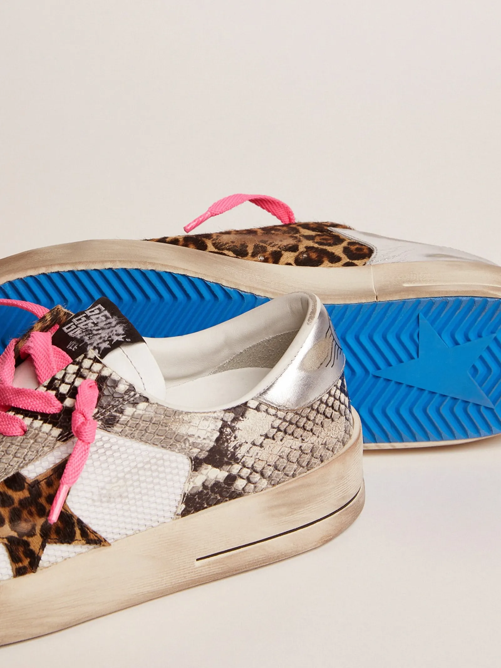 Fashion Golden Goose Stardan LAB feminino com cabedal de couro e estrela de couro cavalinho leopardo Cabedal de couro cavalinho com estampa de serpente e inserções de tela