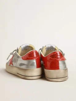 Hot Golden Goose Stardan Masculino de couro metálico, inserções de glitter vermelho Cabedal de couro metálico prateado