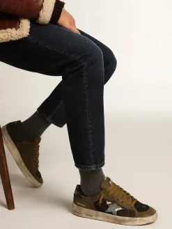 Clearance Golden Goose Stardan masculino de nubuk verde-militar e tela preta com estrela branca Cabedal em nabuk verde militar e malha preta
