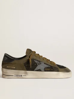 Clearance Golden Goose Stardan masculino de nubuk verde-militar e tela preta com estrela branca Cabedal em nabuk verde militar e malha preta