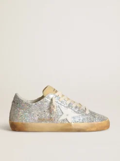 Clearance Golden Goose Super-Star com detalhes de lurex prateado e estrela de couro branco Cabedal com detalhes de lurex prateado com efeito iridescente