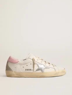 Best Sale Golden Goose Super-Star com estrela de couro prateado e talão rosa Cor: branco
