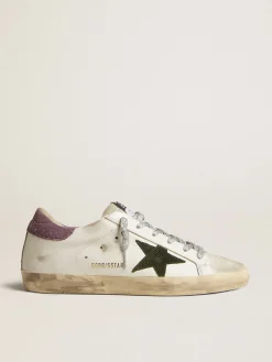 Outlet Golden Goose Super-Star com estrela de suede com estampa de píton verde e talão roxo Cor: branco