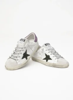 Outlet Golden Goose Super-Star com estrela de suede com estampa de píton verde e talão roxo Cor: branco