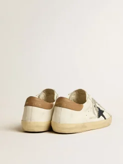 Online Golden Goose Super-Star com estrela de lona azul e talão de couro tabaco Cor: branco