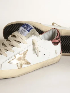 Cheap Golden Goose Super-Star com estrela de couro dourado e talão de cavalinho zebrado Cor: branco