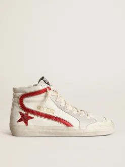 Discount Golden Goose Super-Star com estrela e lista de couro metálico vermelho Cabedal de napa branca