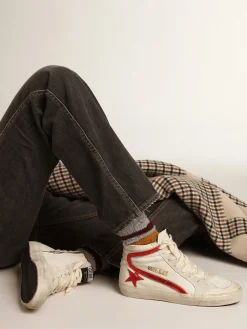 Discount Golden Goose Super-Star com estrela e lista de couro metálico vermelho Cabedal de napa branca