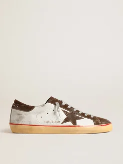 Best Golden Goose Super-Star com estrela e talão de suede marrom Cabedal de couro branco craquelado