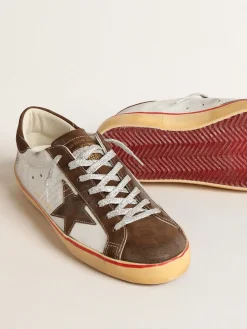 Best Golden Goose Super-Star com estrela e talão de suede marrom Cabedal de couro branco craquelado