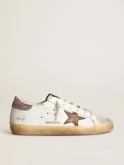 Sale Golden Goose Super-Star com estrela marrom e talão de glitter rosa Cor: branco