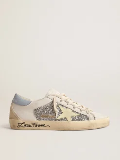 Flash Sale Golden Goose Super-Star de base vegetal com glitter prateado e estrela de couro amarelo Cabedal branco de base vegetal com inserções de glitter prateado
