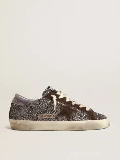 Shop Golden Goose Super-Star de glitter com estrela marrom e talão lilás Cabedal de glitter antracite claro