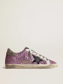 Cheap Golden Goose Super-Star de glitter cor lavanda com estrela preta Cabedal de glitter cor lavanda
