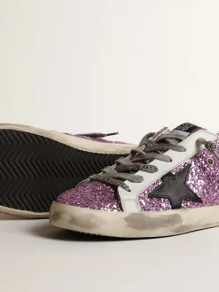 Cheap Golden Goose Super-Star de glitter cor lavanda com estrela preta Cabedal de glitter cor lavanda