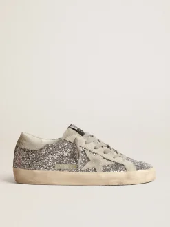 Online Golden Goose Super-Star de glitter prateado com estrela de suede cinza gelo Cabedal de glitter prateado