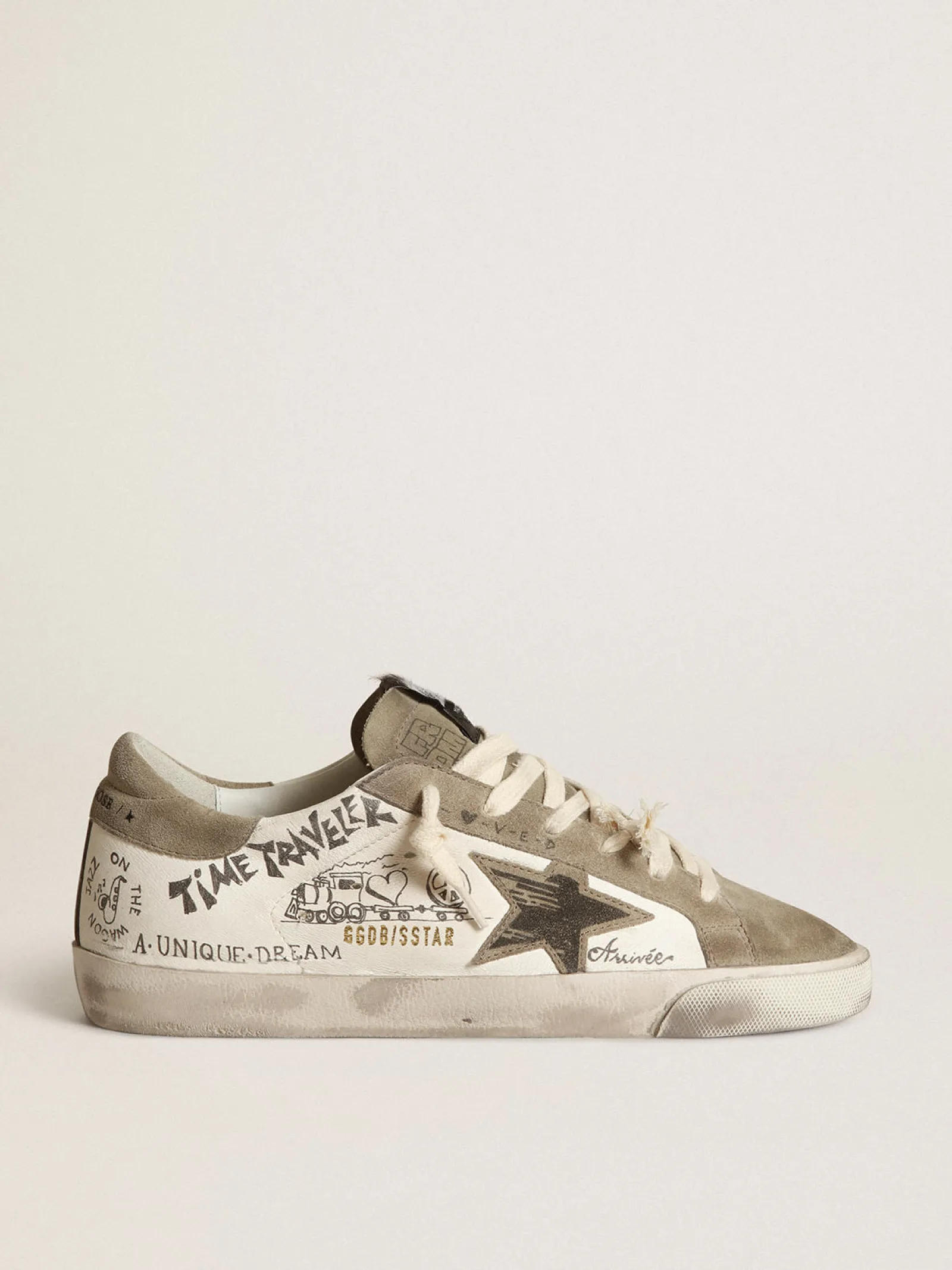 Outlet Golden Goose Super-Star de napa com estrela e talão havana-rosado e escritas pretas Cabedal de napa branca