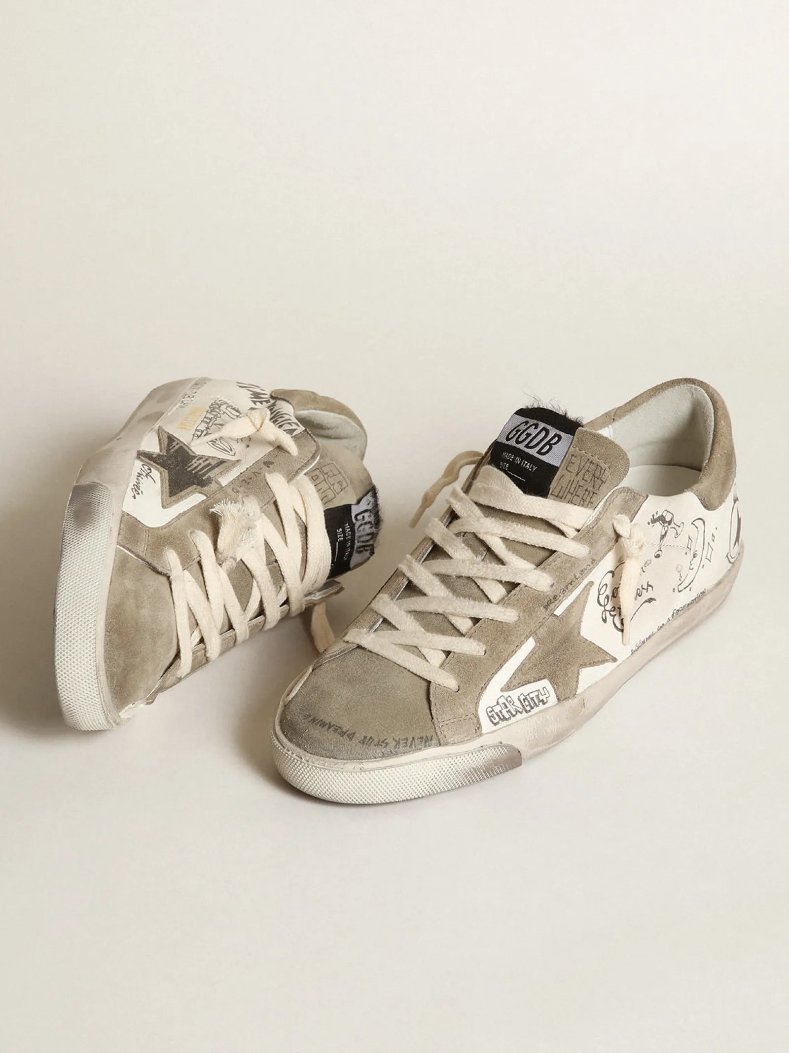 Outlet Golden Goose Super-Star de napa com estrela e talão havana-rosado e escritas pretas Cabedal de napa branca