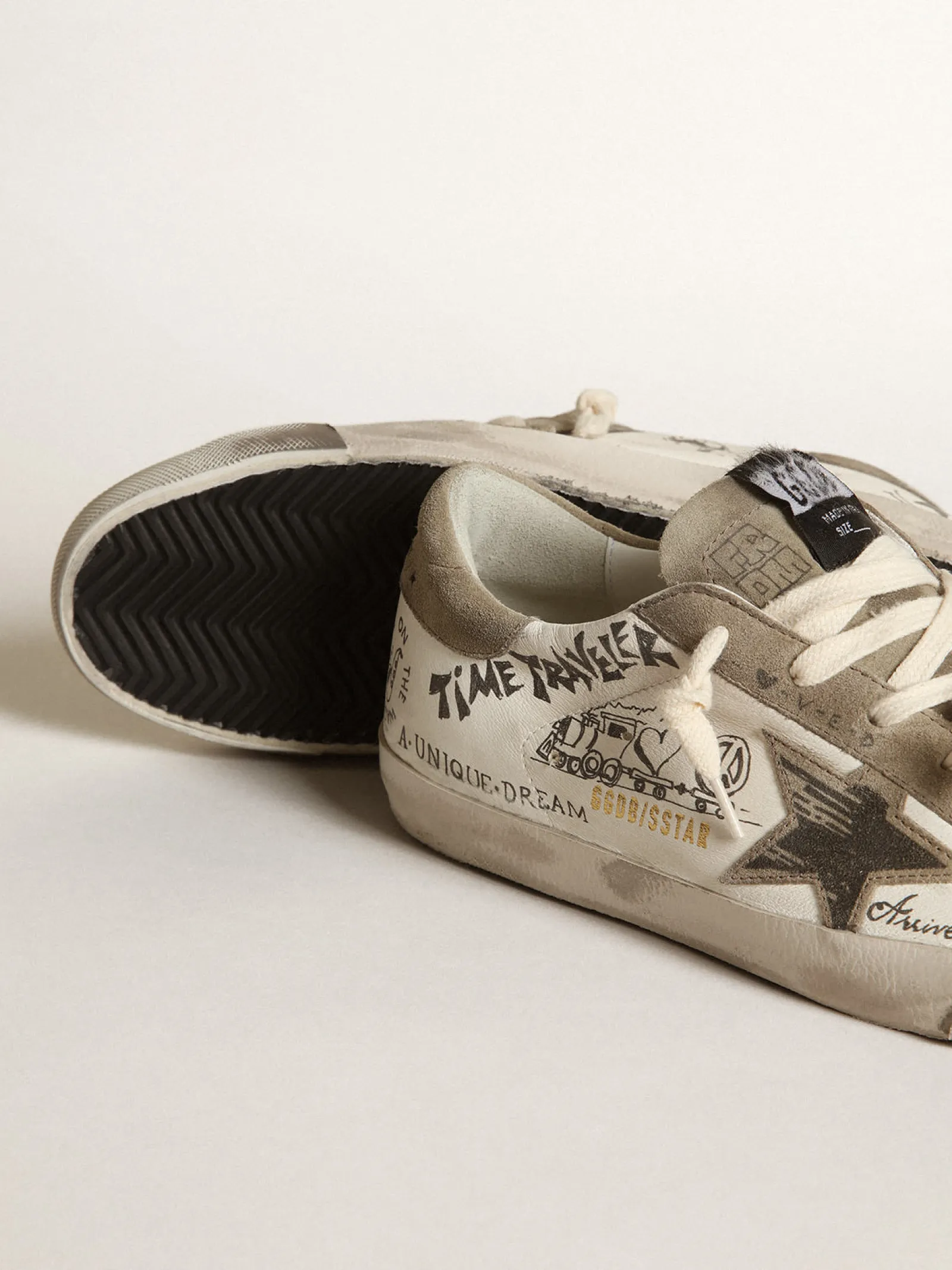 Outlet Golden Goose Super-Star de napa com estrela e talão havana-rosado e escritas pretas Cabedal de napa branca