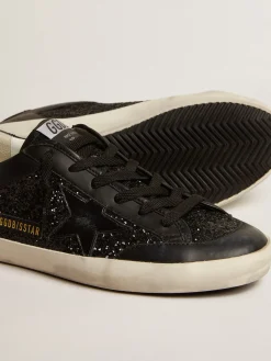Store Golden Goose Super-Star de napa e glitter pretos com estrela de couro preto brilhante Cabedal de napa e glitter pretos