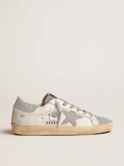 Cheap Golden Goose Super-Star feminino com cabedal de couro branco e inserções Swarovski Cor: branco e prata