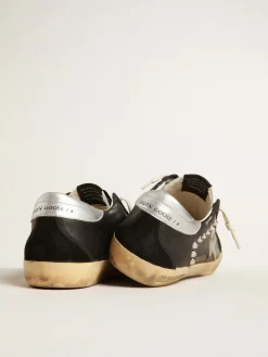 Outlet Golden Goose Super-Star Feminino de couro e suede pretos com tachas prateadas Cabedal de couro e suede pretos