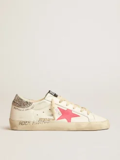 Flash Sale Golden Goose Super-Star LTD com estrela de suede cor lagosta fluorescente e talão de glitter Cabedal de napa branca