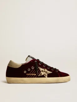 Hot Golden Goose Super-Star LTD de veludo com estrela de couro cavalinho e lingueta de glitter Cabedal de veludo vermelho rubi