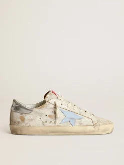Best Golden Goose Super-Star masculino com estrela de couro azul fumê e talão prateado Cabedal de couro brilhante branco com efeito arranhado