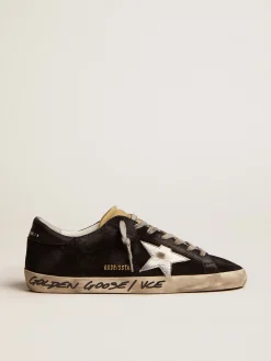 Best Golden Goose Super-Star masculino de suede preto com estrela de couro metálico prateado Cor: preto