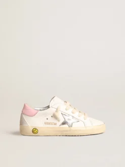 Flash Sale Golden Goose Super-Star Young com estrela de couro prateado e talão rosa Cor: branco