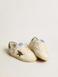 Sale Golden Goose Super-Star Young de napa com estrela de suede e talão verde Cabedal de napa branca